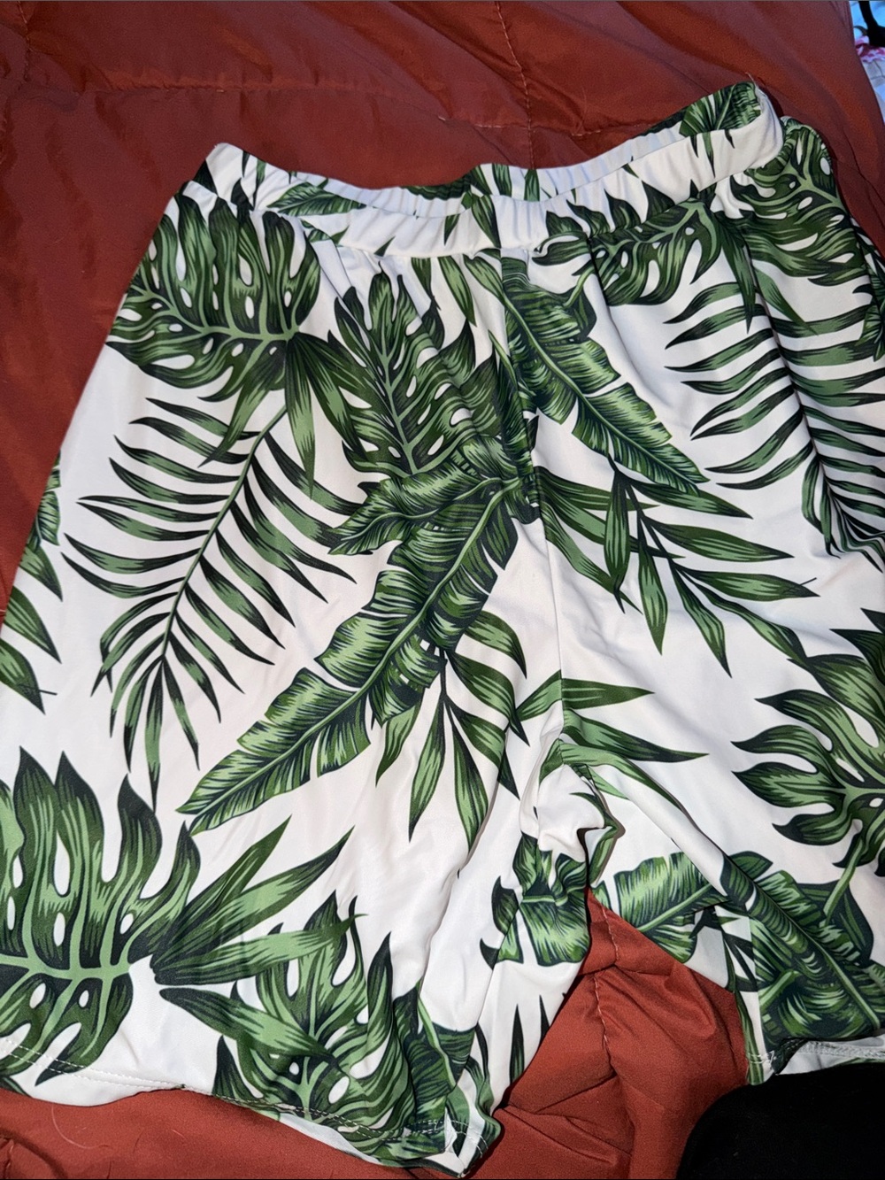 PatPat White Swim Trunks with Green Tropical Leaf Print